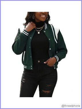 Women's Cropped Bomber Varsity Jacket Long Sleeve Button Down Casual